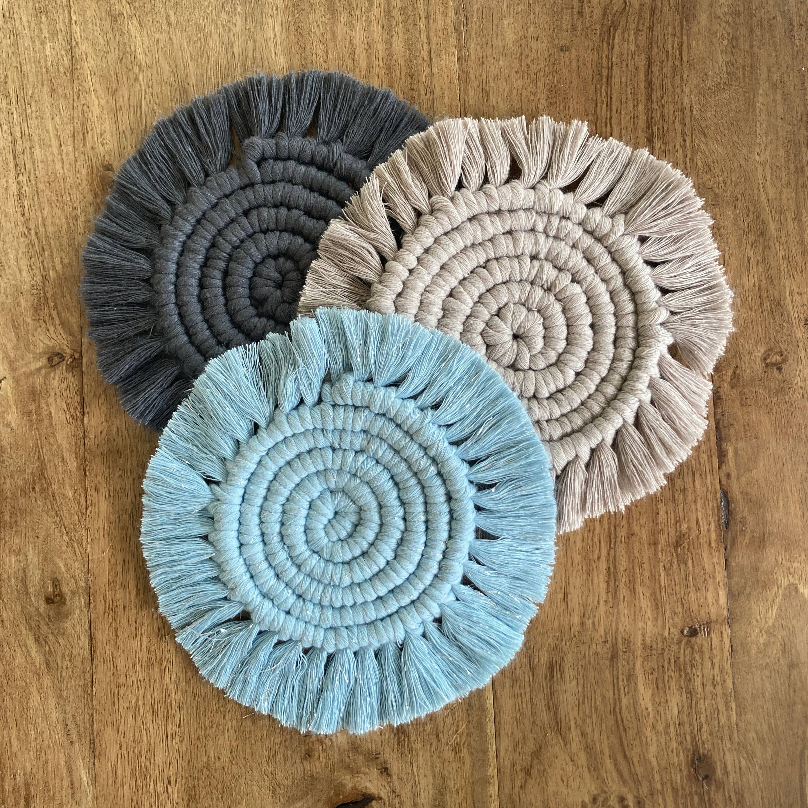 Macrame Coaster Kit in Mist Blue, Pearl and Charcoal