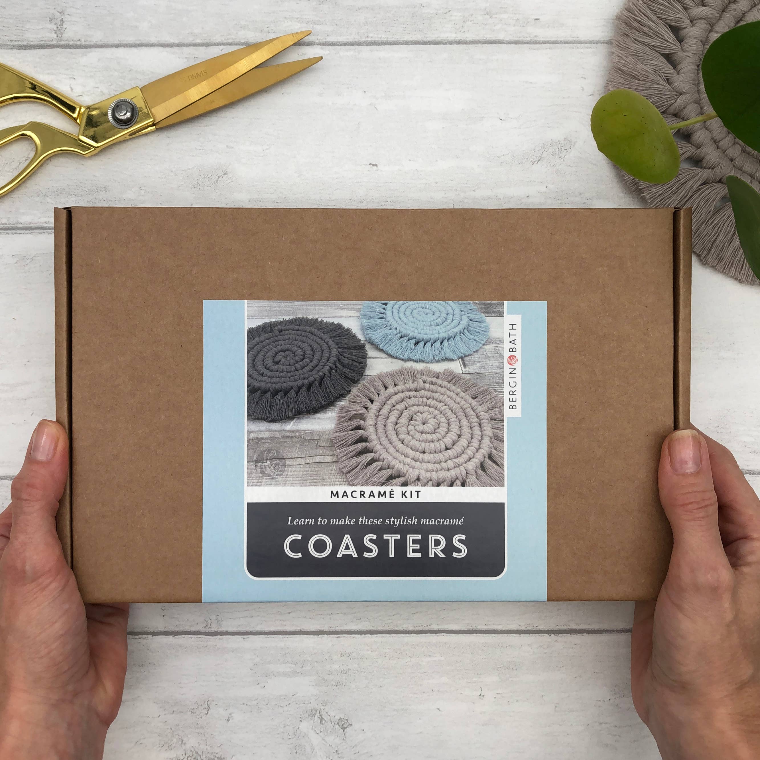 Macrame Coaster Kit in Mist Blue, Pearl and Charcoal